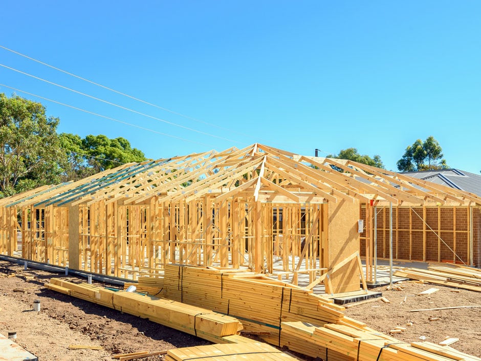 Timber-framed home under construction, a common residential building style in New Zealand and Australia